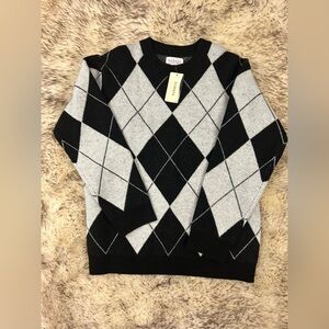 NWT Evereve Velvet Women’s S Oversized White/Black Argyle Pullover Sweater Knit